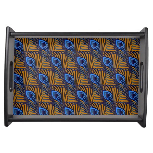 Midnight blue and orange peacock feather pattern serving tray