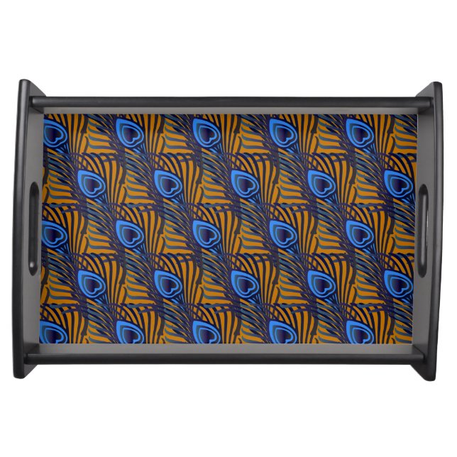Midnight blue and orange peacock feather pattern serving tray (Front)