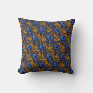 Midnight blue and orange peacock feather pattern throw pillow