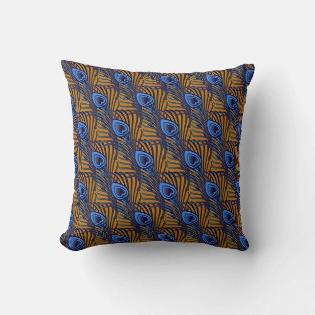 Midnight blue and orange peacock feather pattern throw pillow (Front)