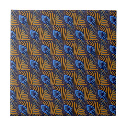 Midnight blue and orange peacock feather pattern tile