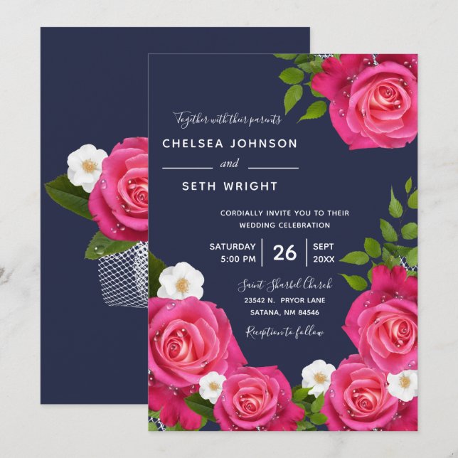 Midnight Blue and Pink Rose Wedding Invitation (Front/Back)