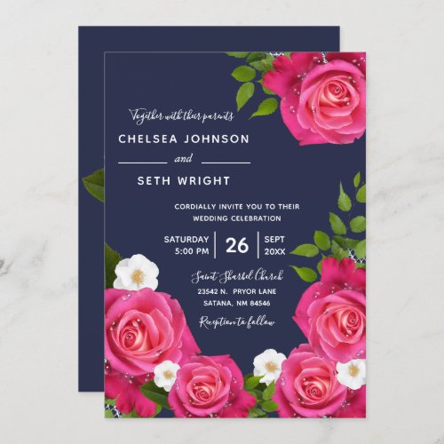 Midnight Blue and Pink Rose Wedding Invitation