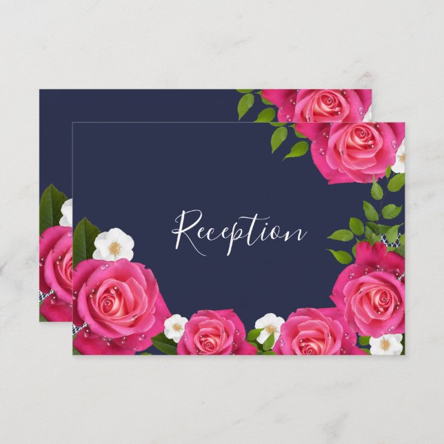 Midnight Blue and Pink Rose Wedding - Reception Invitation (Front/Back)