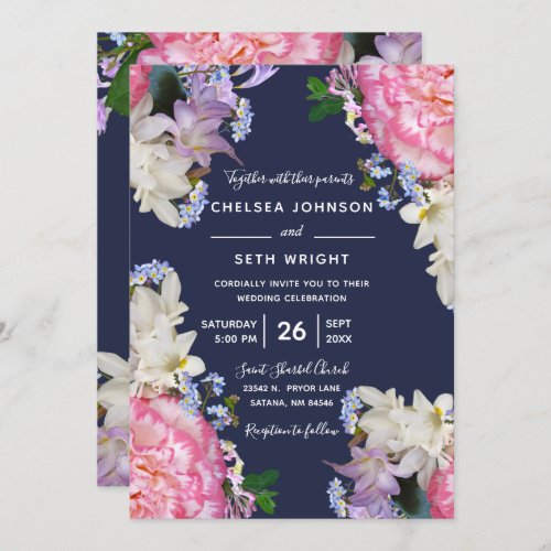 Midnight Blue and Pink Spring Floral Wedding Invitation