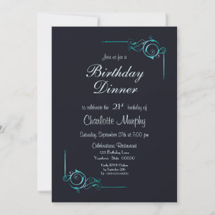 Midnight Blue and Turquoise 21st Birthday Dinner Invitation