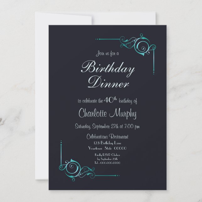 Midnight Blue and Turquoise 40th Birthday Dinner Invitation (Front)