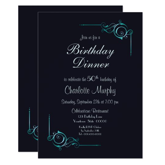 Midnight Blue and Turquoise 50th Birthday Dinner Invitation | Zazzle.com