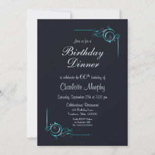 Midnight Blue and Turquoise 60th Birthday Dinner Invitation