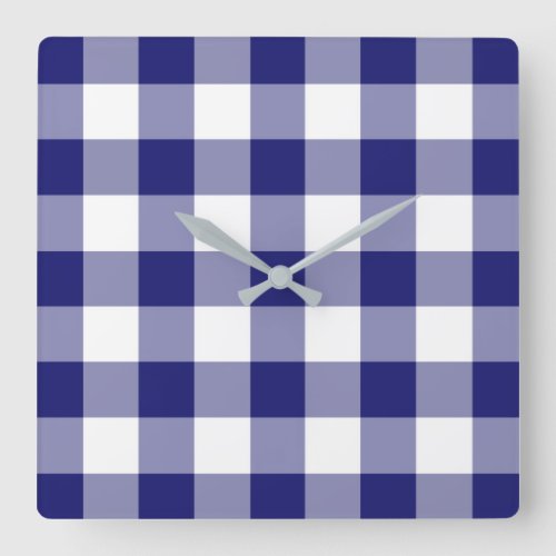 Midnight Blue And White Checked Gingham Pattern Square Wall Clock