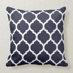 Midnight Blue and White Classic Trellis Quatrefoil Throw Pillow