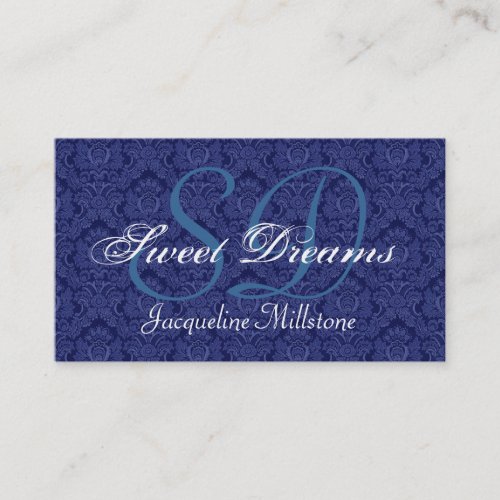 Midnight Blue and White Damask Custom Monogram Business Card Templates