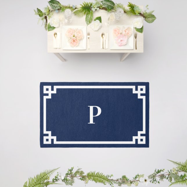 Midnight Blue and White Greek Key Border Monogram Outdoor Rug (Insitu (Wedding 2))