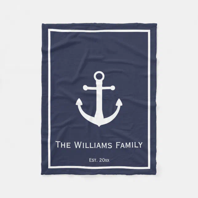 Midnight Blue and White Nautical Anchor Fleece Blanket | Zazzle