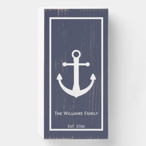 Midnight Blue and White Nautical Anchor Wooden Box Sign