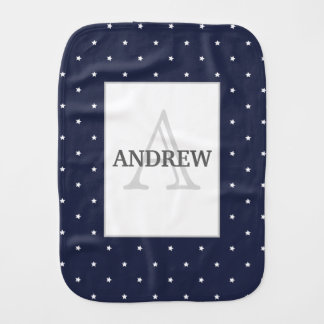 Midnight Blue and White Stars pattern monogrammed Burp Cloth