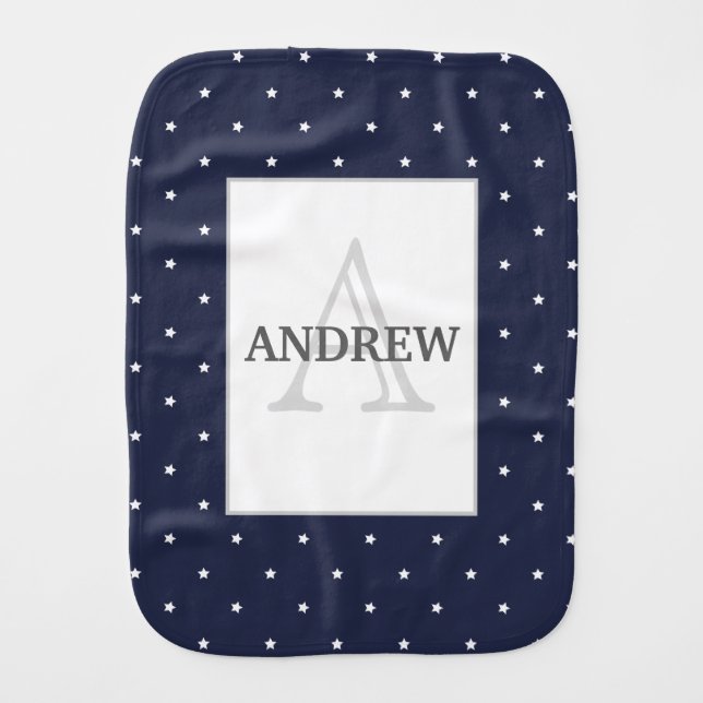 Midnight Blue and White Stars pattern monogrammed Burp Cloth (Front)