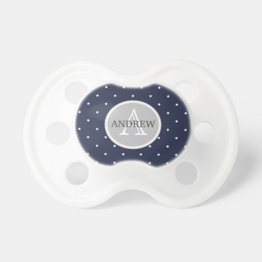 Midnight Blue and White Stars pattern Monogrammed Pacifier (Front)