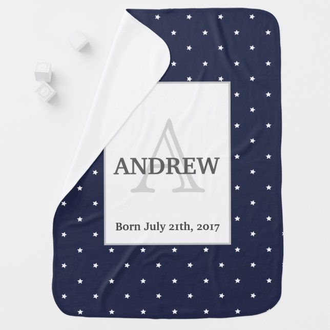 Midnight Blue and White Stars pattern Monogrammed Swaddle Blanket (In Situ)