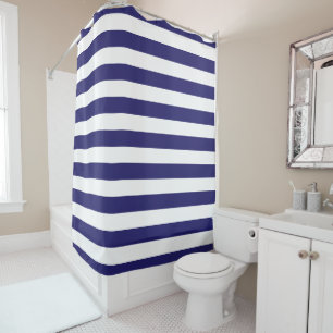 Midnight Blue and White Striped Shower Curtain