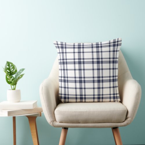 Midnight Blue and White Tartan Plaid Pattern Throw Pillow