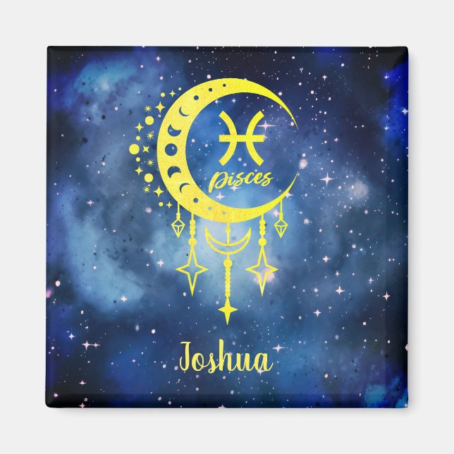 Midnight Blue and Yellow Custom Name Pisces Magnet (Front)