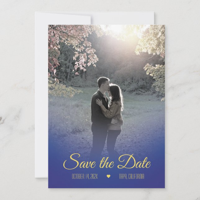 Midnight Blue and Yellow Save the Date Card (Front)