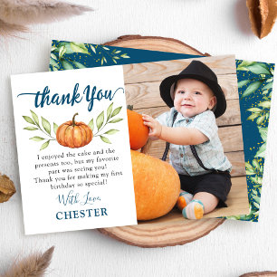 Midnight Blue Autumn Pumpkin Birthday Photo Thank You Card