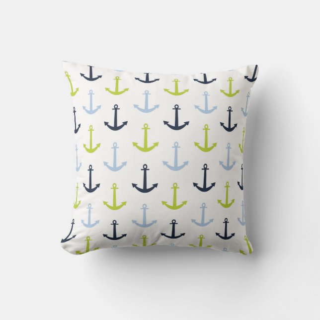 Midnight Blue, Baby Blue, Lime Green Anchors Throw Pillow (Front)