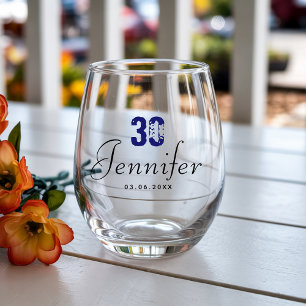 Midnight Blue Birthday Number Black Name Date Stemless Wine Glass
