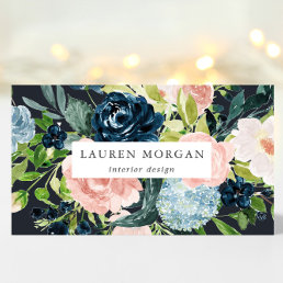 Midnight Blue Blush Floral Elegant Business Card