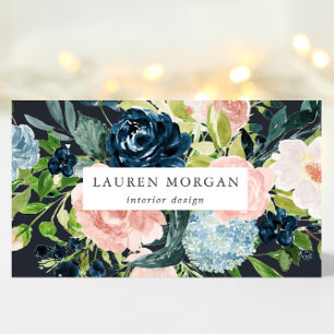 Midnight Blue Blush Floral Elegant Business Card
