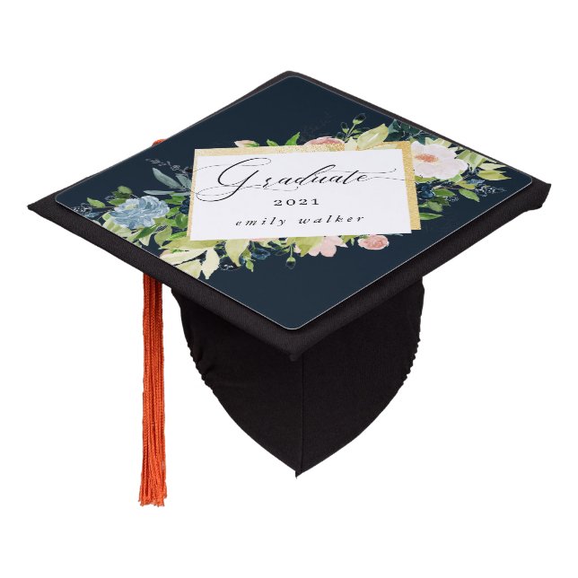 Midnight Blue Blush Floral Graduation Cap Topper (Angled)