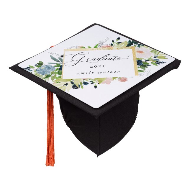 Midnight Blue Blush Floral Graduation Cap Topper (Angled)