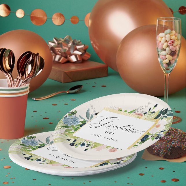 Midnight Blue Blush Floral Graduation Paper Plate (Multi)