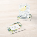 Midnight Blue Blush Floral Graduation Square Paper Coaster<br><div class="desc">Lovely garden florals in blue tones with blush pink accents combined with a gold border for a beautiful elegant look. A sans serif font was chosen to match the elegance of the illustrations. Check out our store for more matching items.</div>