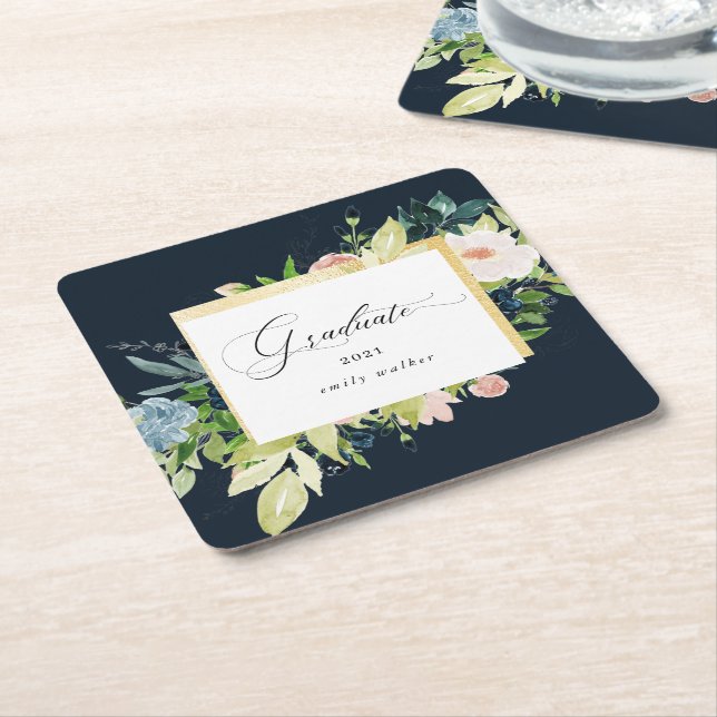 Midnight Blue Blush Floral Graduation Square Paper Coaster (Angled)