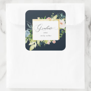 Midnight Blue Blush Floral Graduation Square Sticker
