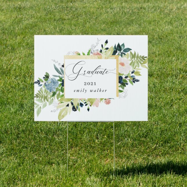 Midnight Blue Blush Floral Graduation Yard Sign (Insitu)