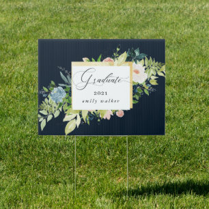 Midnight Blue Blush Floral Graduation Yard Sign