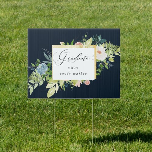 Midnight Blue Blush Floral Graduation Yard Sign