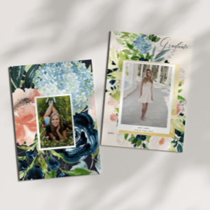 Midnight Blue Blush Floral Photo Graduation Card