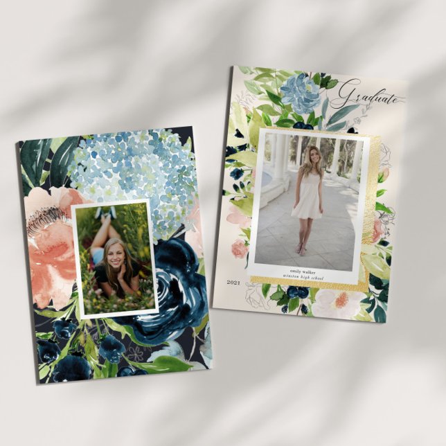 Midnight Blue Blush Floral Photo Graduation Card (Creator Uploaded)