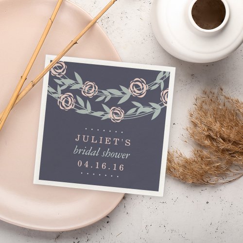 Midnight Blue Blush Pink and Sage Bridal Shower Paper Napkins