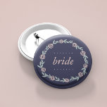 Midnight Blue, Blush Pink and Sage Bride Button<br><div class="desc">Identify the key players at your bridal shower -- especially the bride! -- with our elegant,  sweetly chic floral buttons. Design features a midnight blue background and a wreath of pale blush pink flowers and sage green leaves,  and "Bride" in coordinating pastel pink italic lettering.</div>