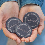 Midnight Blue, Blush Pink and Sage Bridesmaid Button<br><div class="desc">Identify the key players at your bridal shower with our sweetly chic floral buttons. "Bridesmaid" design features a midnight blue background and a wreath of pale blush pink flowers and sage green leaves.</div>