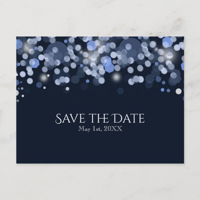 Midnight Blue Bokeh Lights Wedding Save the Date Announcement Postcard (Front)