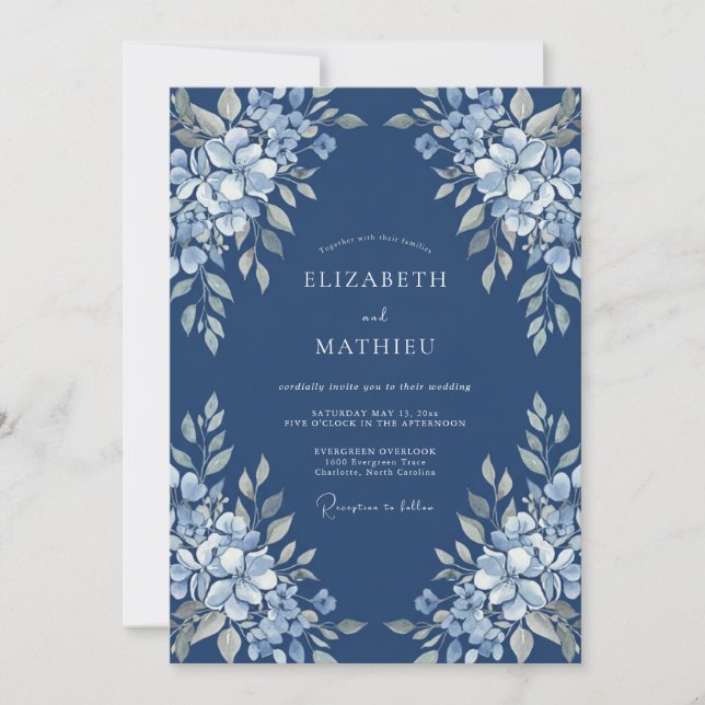 Midnight Blue Botanical Watercolor Wedding Invitation (Front)