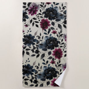 Midnight Blue Burgundy Inky Floral Almond Beige Beach Towel