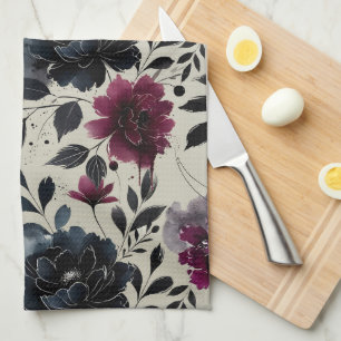 Midnight Blue Burgundy Inky Floral Almond Beige Kitchen Towel
